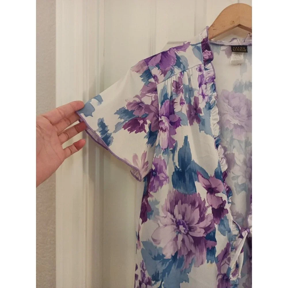 Women's Salon Studio Floral Purple/Blue Tie Front Lightweight Cardigan Sz Medium